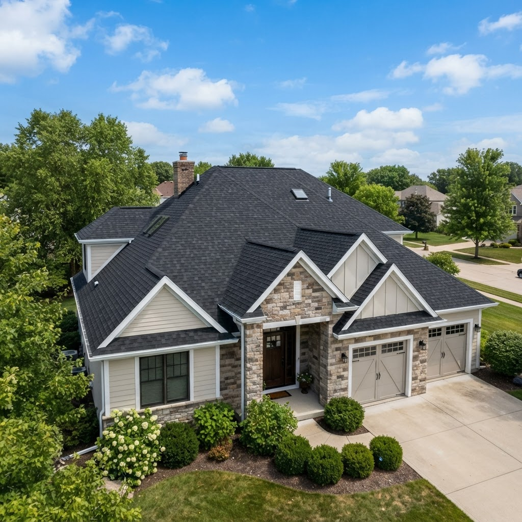 Newly installed asphalt shingle roof on a modern home